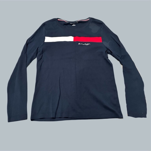 Tommy Hilfiger Women’s navy blue Long Sleeve Top Shirt large preppy fall basics - Picture 1 of 8